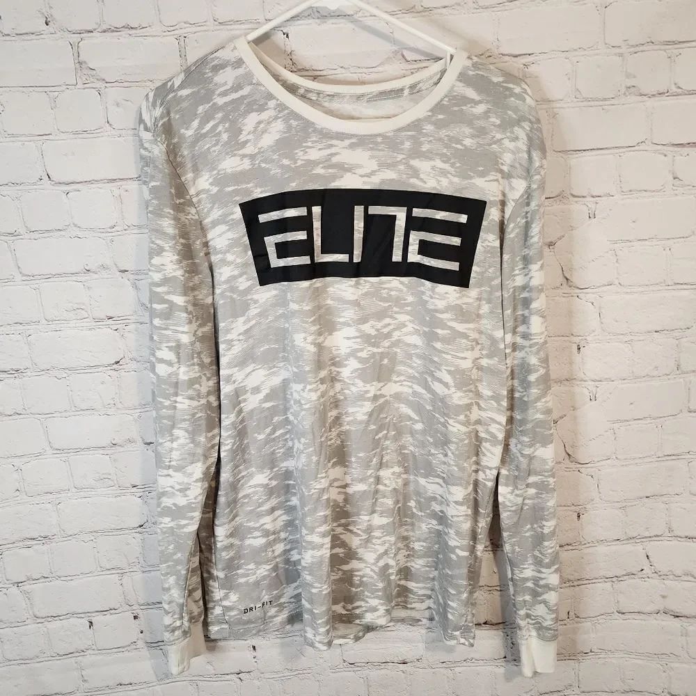 Men's Nike Elite Gray and White Long Sleeve Shirt, Dri-Fit, size Large